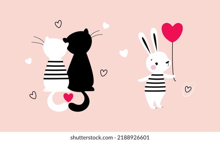 Cute Little Cat Couple and Bunny with Heart Balloon as Valentine Day Celebration Vector Set