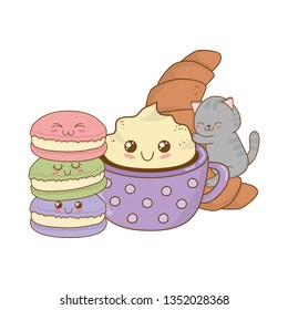cute little cat with croissant kawaii character