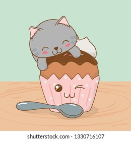 cute little cat with cupcake kawaii character
