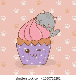 cute little cat with cupcake kawaii character