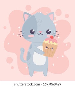 cute little cat and cupcake kawaii cartoon character vector illustration