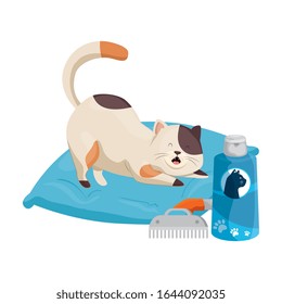cute little cat in cushion with objects for care vector illustration design