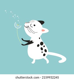 Cute little cat with dandelion. Funny kitten sniffing and blowing dandelion flower. Happy kitty, cartoon character. Pet with flower.  Hand drawn vector illustration for kids. Flat design. 
