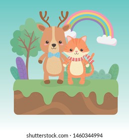 cute and little cat and deer in the field