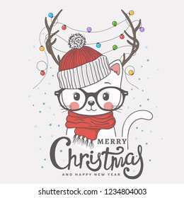 Cute little cat with deer horns, christmas garland, knitted cap, scarf. Christmas card. New Year. Season's Greetings. Vector illustration