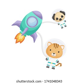Cute little cat and dog astronauts flying in open space. Graphic element for childrens book, album, scrapbook, postcard, invitation. Flat vector stock illustration isolated on white background.