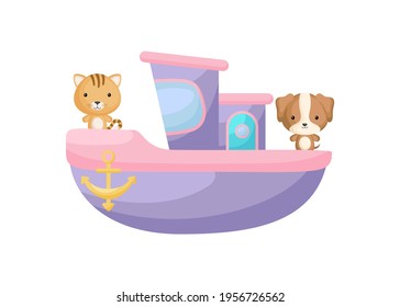 Cute little cat and dog sailing on violet ship. Cartoon character for childrens book, album, baby shower, greeting card, party invitation, house interior. Vector stock illustration.
