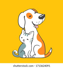 cute little cat and dog sitting and smiling logo. pet care symbol. vector illustration