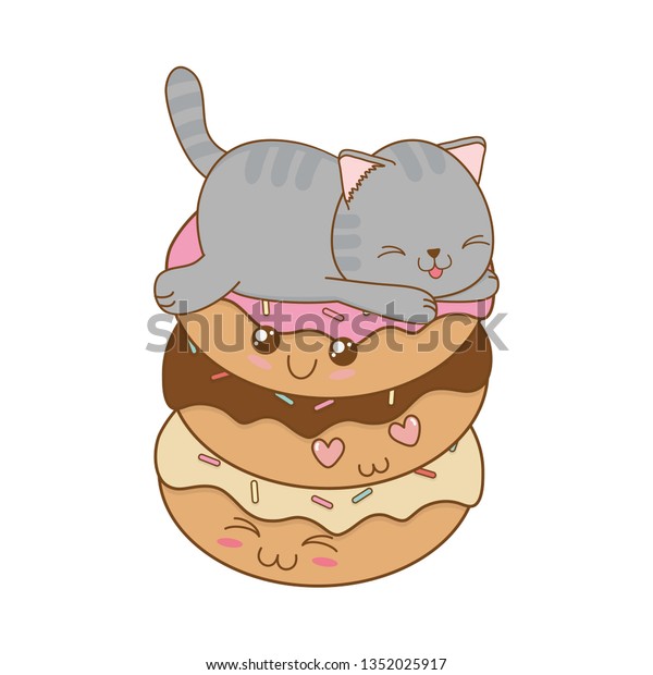 Cute Little Cat Donuts Kawaii Character Stock Vector Royalty Free
