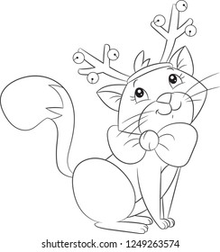 Cute little cat, dressed for Christmas, with reindeer antlers, bells, and red and green bow, perfect for children's coloring book, or coloring game
