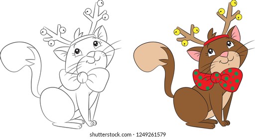 Cute little cat, dressed funny for Christmas, with reindeer antlers, bells, and red and green bow, perfect for children's coloring book