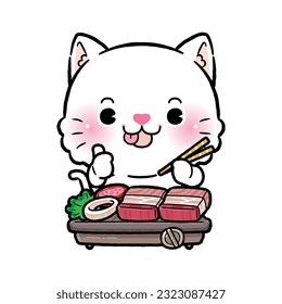 Cute Little Cat Eating Korean Barbecue. or Thai Style Thai BBQ. Moo Kratha.