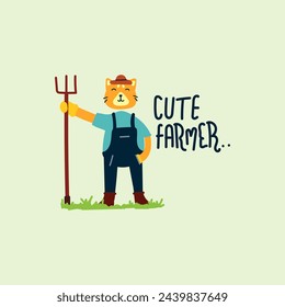 Cute little cat farmer vector illustration for fabric, textile and print