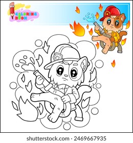 cute little cat fireman, coloring book