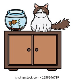 cute little cat and fish in wooden drawer