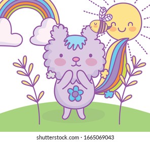 cute little cat flowers rainbow sun clouds grass cartoon vector illustration