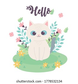 cute little cat flowers sitting in the meadow cartoon vector illustration svg