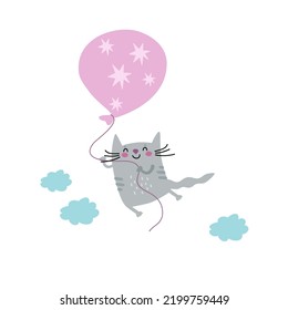 Cute little cat is flying with balloon in the sky. Happy baby kitten is travelling in air. Funny animal outdoor, cartoon pet, hand drawn vector illustration for kids, isolated. Flat design. 