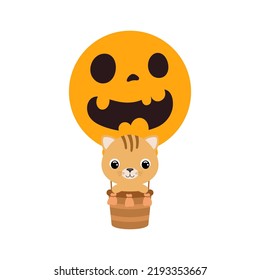 Cute little cat flying on Halloween hot air balloon. Cartoon animal character for kids t-shirts, nursery decoration, baby shower, greeting card, invitation. Vector stock illustration