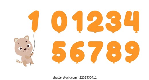 Cute little cat flying on balloon number on white background. Cartoon animal character for kids t-shirt, nursery decoration, baby shower, greeting card, house interior. Vector stock illustration