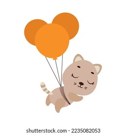 Cute little cat flying on balloons. Cartoon animal character for kids t-shirts, nursery decoration, baby shower, greeting card, invitation, house interior. Vector stock illustration