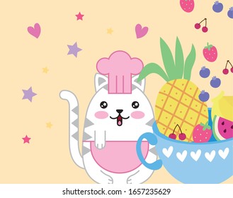 cute little cat with fruits in cup kawaii character vector illustration design