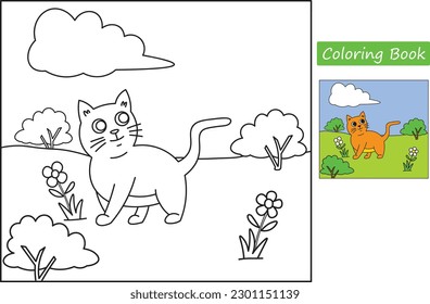 Cute little cat in the garden. coloring book. Learn to color. Vector cartoon illustration. 