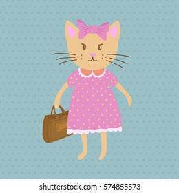 Cute little cat girl with bow and brown bag in a beautiful pink dress. Pretty cartoon character isolated on blue dotted pattern. Vector illustration.