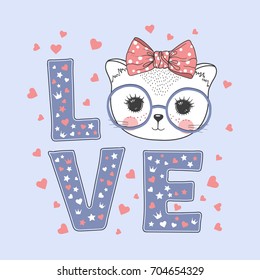 Cute little cat girl with glasses. Love slogan