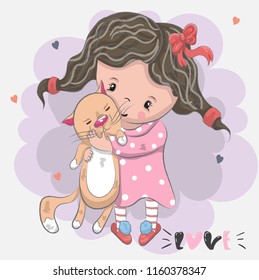 Cute little cat girl holding cartoon hand drawn vector illustration. Can be used for t-shirt printing, children wear fashion design, baby shower celebration greeting and invitation card.