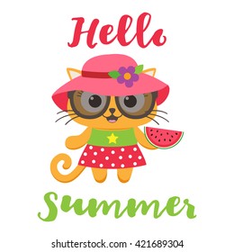 Cute little cat girl wearing dress with watermelon