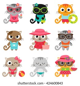 Cute little cat girls and boys. Vector illustration