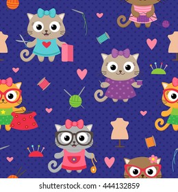 Cute little cat girls with sewing accessories. Seamless vector pattern