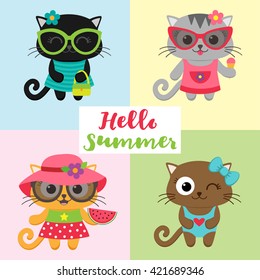 Cute little cat girls wearing dresses. Vector illustration