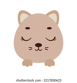Cute little cat head with closed eyes. Cartoon animal character for kids t-shirts, nursery decoration, baby shower, greeting card, invitation, house interior. Vector stock illustration