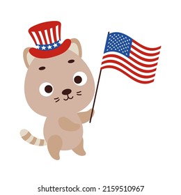 Cute little cat holding flag of United States in patriotic hat. Cartoon animal character for kids t-shirt, decoration, baby shower, greeting card, house interior. Vector stock illustration