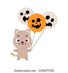 Cute little cat holding Halloween balloons. Cartoon animal character for kids t-shirts, nursery decoration, baby shower, greeting card, invitation. Vector stock illustration