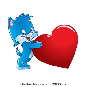 Cute little cat holding a huge red heart. Isolated. Cartoon vector illustration for greeting, birthday and wedding cards and Valentine's Day