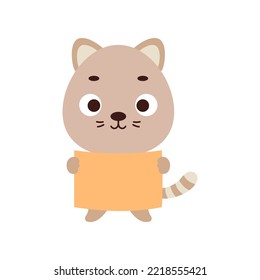 Cute little cat holding paper sheet on white background. Cartoon animal character for kids t-shirt, nursery decoration, baby shower, greeting card, house interior. Vector stock illustration