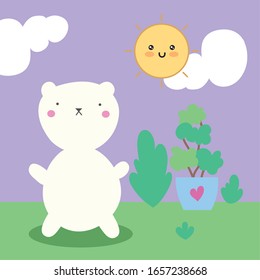 cute little cat with house plant kawaii character vector illustration design