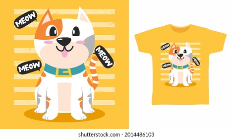 Cute little cat illustration t-shirt design vector concept.