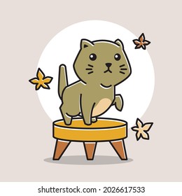 Cute Little Cat Kitten Standing Bench Autumn Fall Season Cartoon