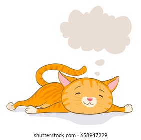 cute little cat laying and thinking. red tabby kitten and speech bubble. cartoon vector illustration