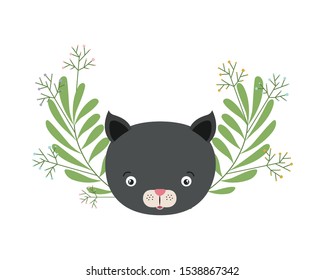 cute little cat with leafs crown character vector illustration design