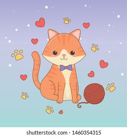 cute little cat mascot with wool roll and hearts pattern