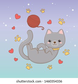 cute little cat mascot with wool roll and hearts pattern