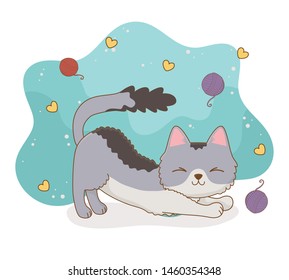 cute little cat mascot with wool roll and hearts pattern