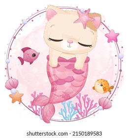 Cute little cat mermaid in watercolor illustration