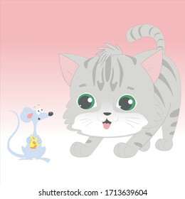 Cute little cat and mouse vector character illustration. Kitten collection