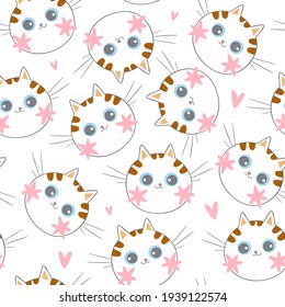 Cute little cat muzzle. Pink cheeks. Cartoon animal. Pink hearts. Seamless vector pattern (background). Cool print.